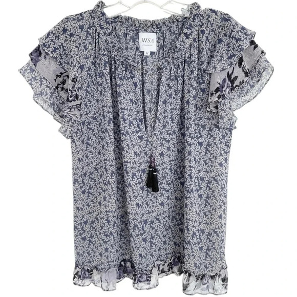 Misa Olga Ruffle Sleeve Mixed Print Boho Blouse Top Blue Size M - Picture 11 of 12